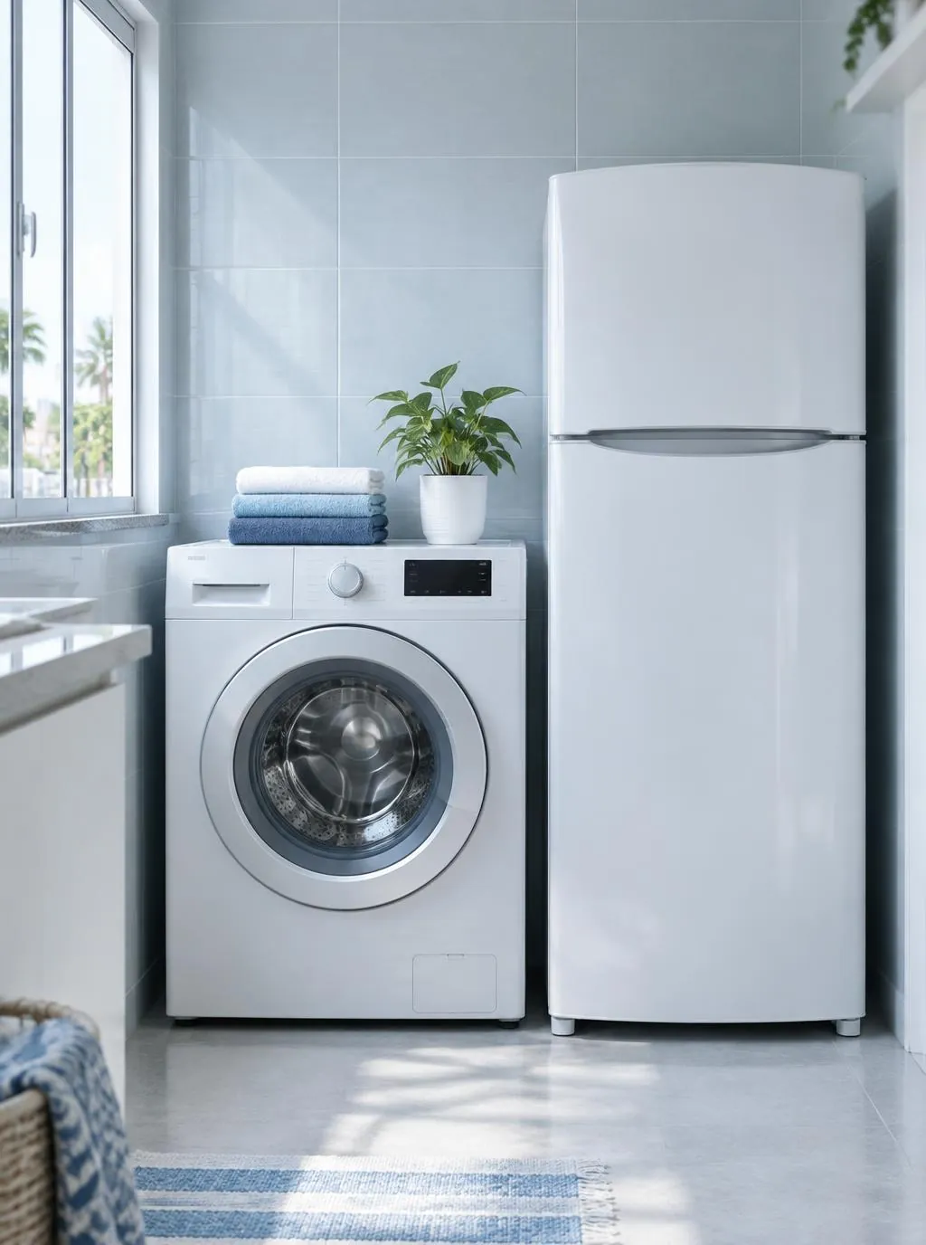 Canto de lavanderia com máquina de lavar e geladeira em ambiente claro e organizado